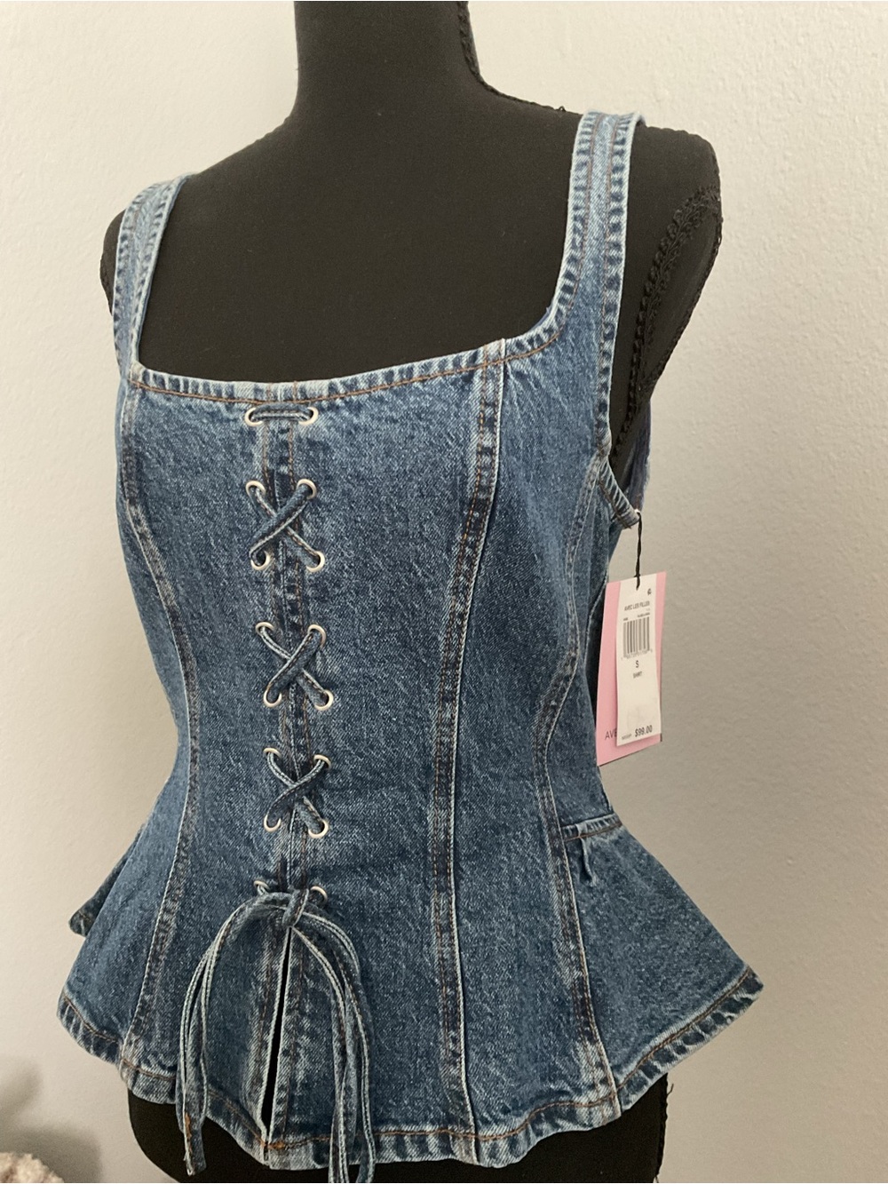 Avec Les Filles Denim Lace-Up Peplum Top - Denim Blue
